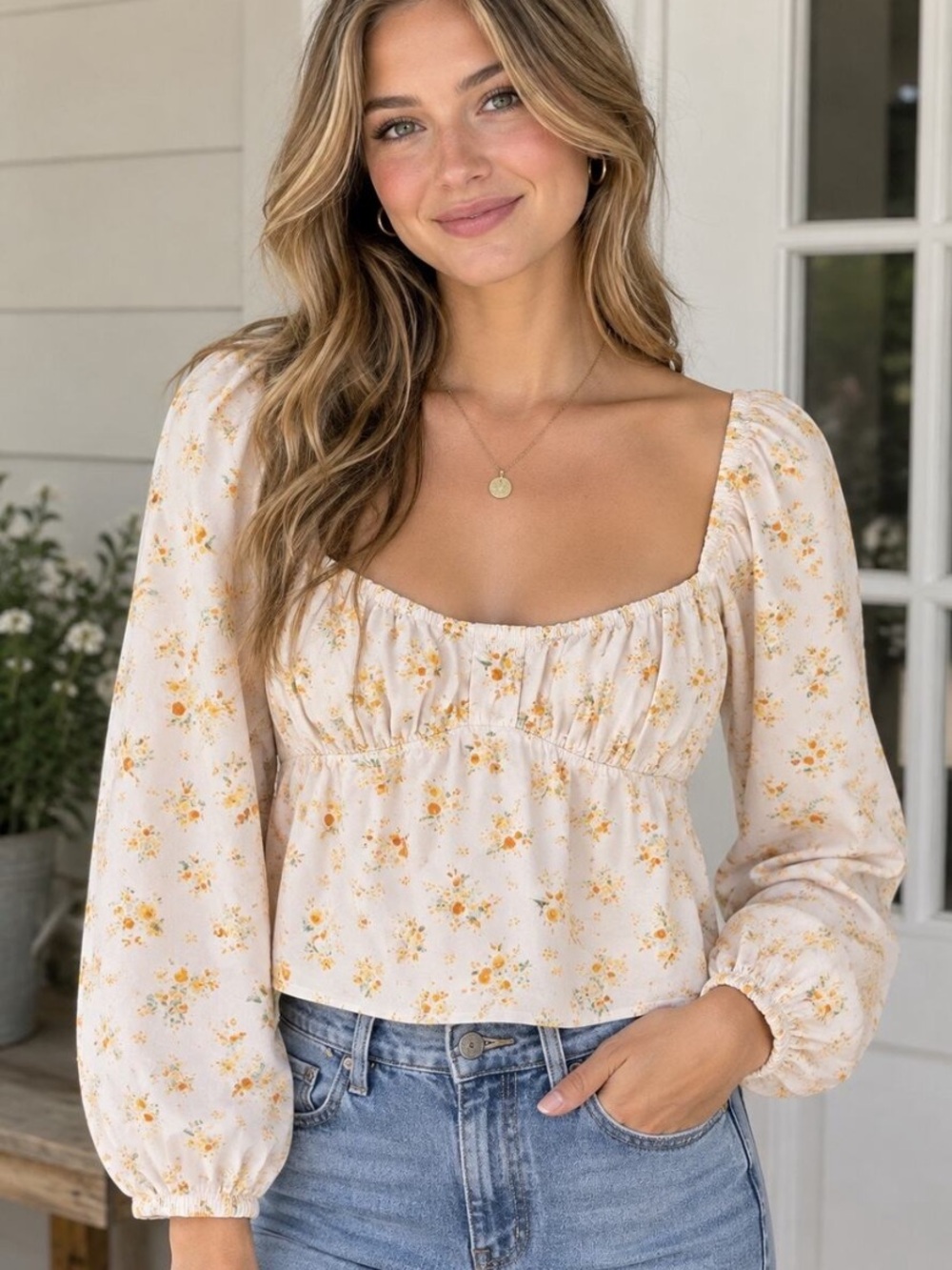 Abercrombie & Fitch Cream Floral Square-Neck Puff-Sleeve Cropped Peasant Top